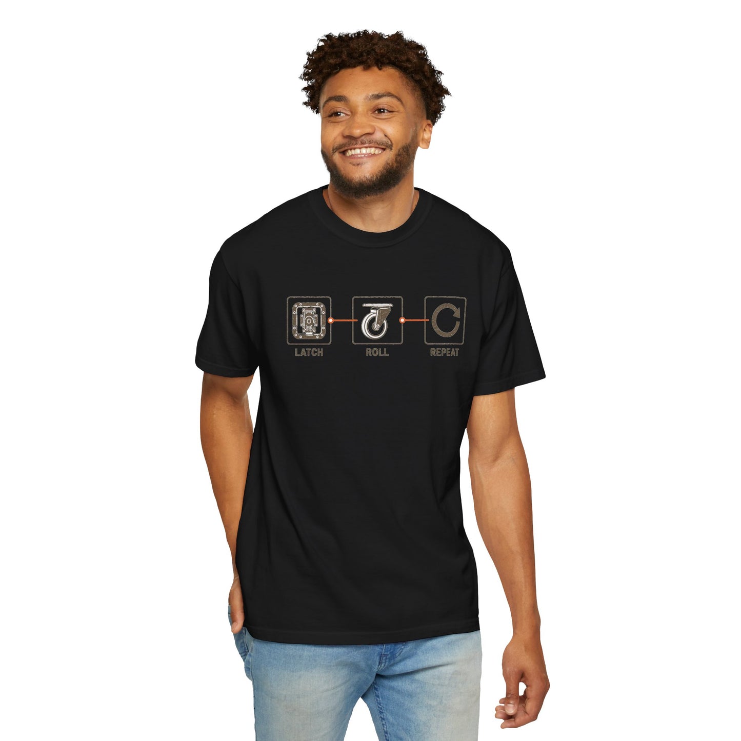 Model wearing the black Latch Roll Repeat stagehand T-shirt from the front.