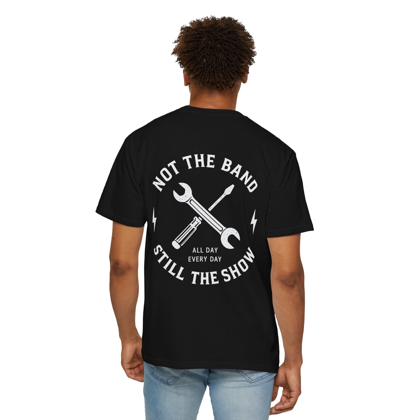 Model wearing the black Still the Show touring crew T-shirt from the back.