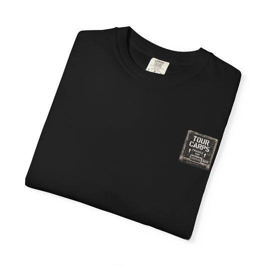 Folded black Tour Carps T-shirt showing the Tour Carps Fragile chest graphic.