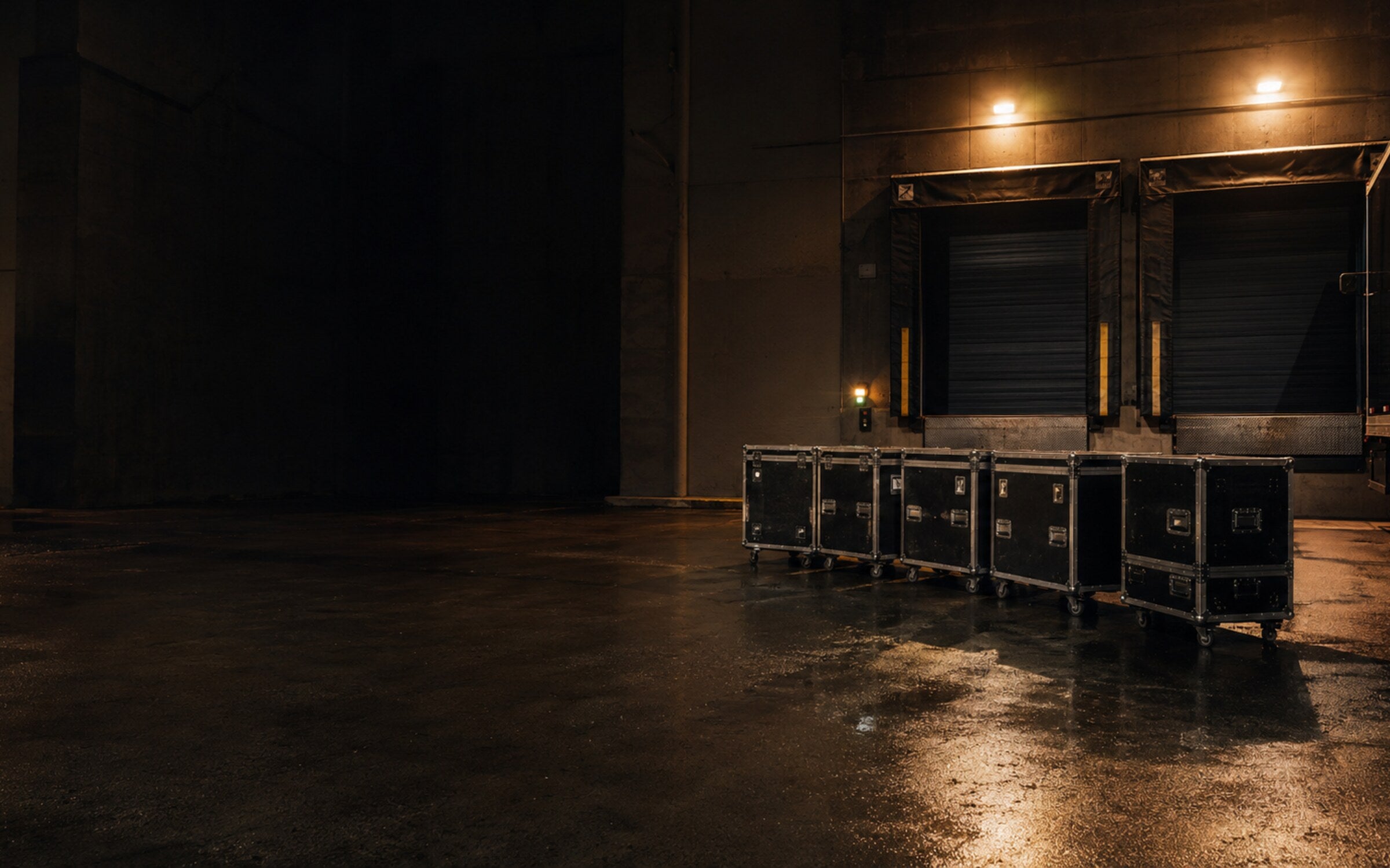 Empty arena loading dock at night with black road cases under warm work lights