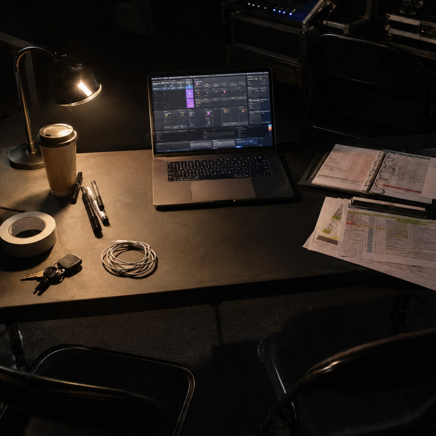 Quiet backstage production workspace after a show with road cases and warm work lights