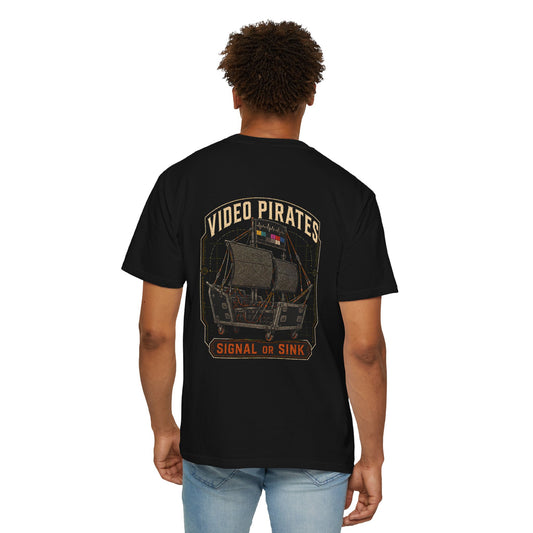 Model wearing the black Signal or Sink video crew T-shirt, showing the large Video Pirates graphic on the back.