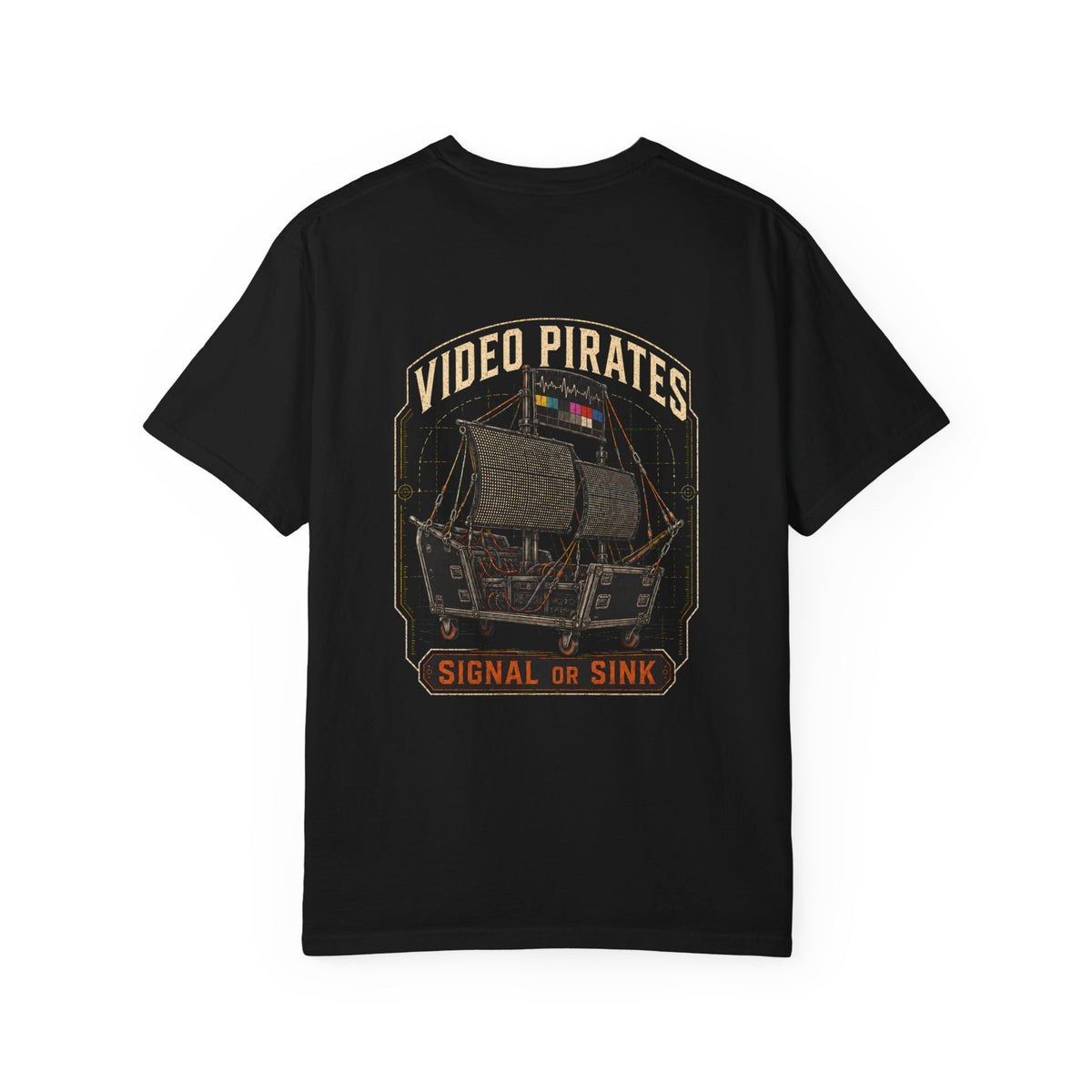 Back of a black Signal or Sink T-shirt with a large Video Pirates graphic featuring monitors, road cases and production cabling.