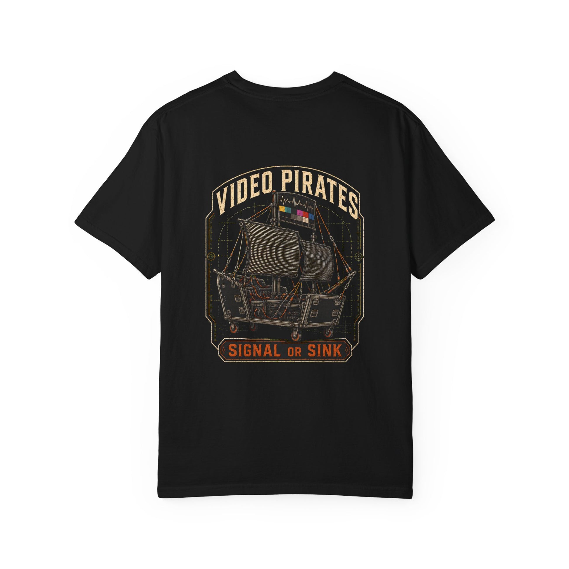 Back of a black Signal or Sink T-shirt with a large Video Pirates graphic featuring monitors, road cases and production cabling.