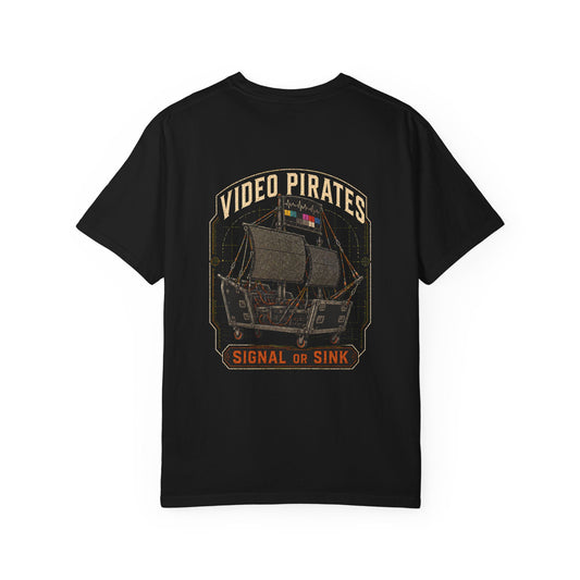 Back of a black Signal or Sink T-shirt with a large Video Pirates graphic featuring monitors, road cases and production cabling.