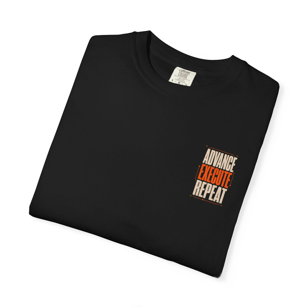 Folded black Advance Execute Repeat T-shirt showing the left-chest lettering.