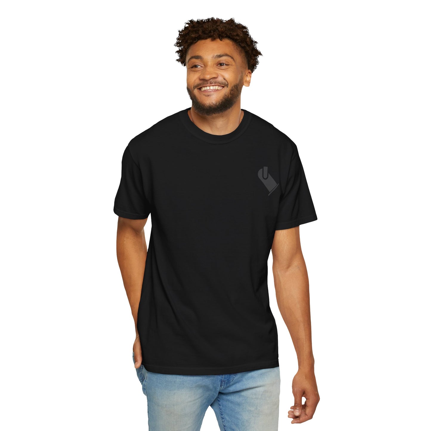 Model wearing the black OG LX lighting crew T-shirt from the front.