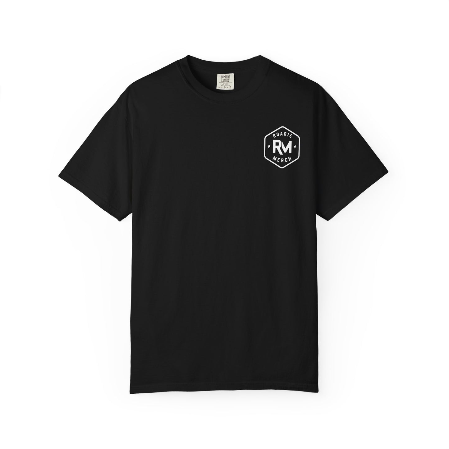 Front of a black Roadie Merch logo T-shirt with a small white RM badge on the left chest.