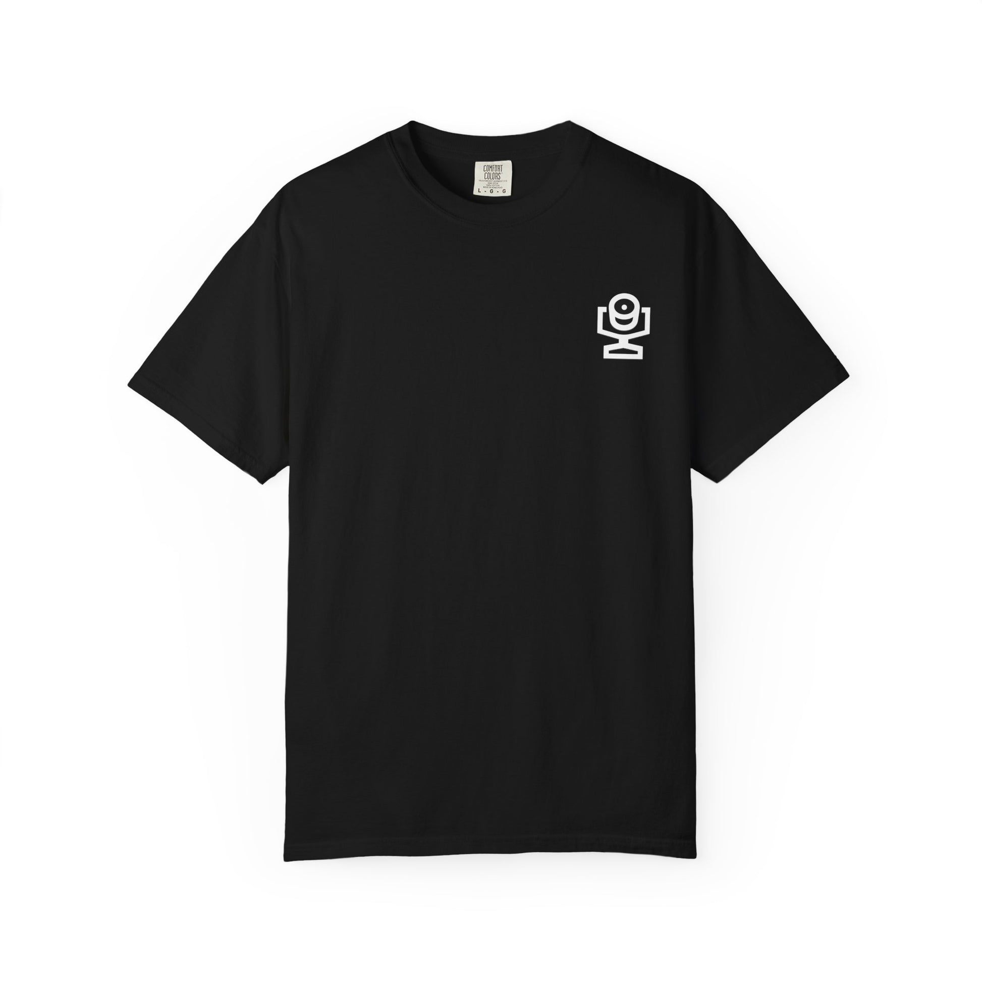 Front of a black LX Mover T-shirt with a white moving-head lighting fixture icon on the left chest.