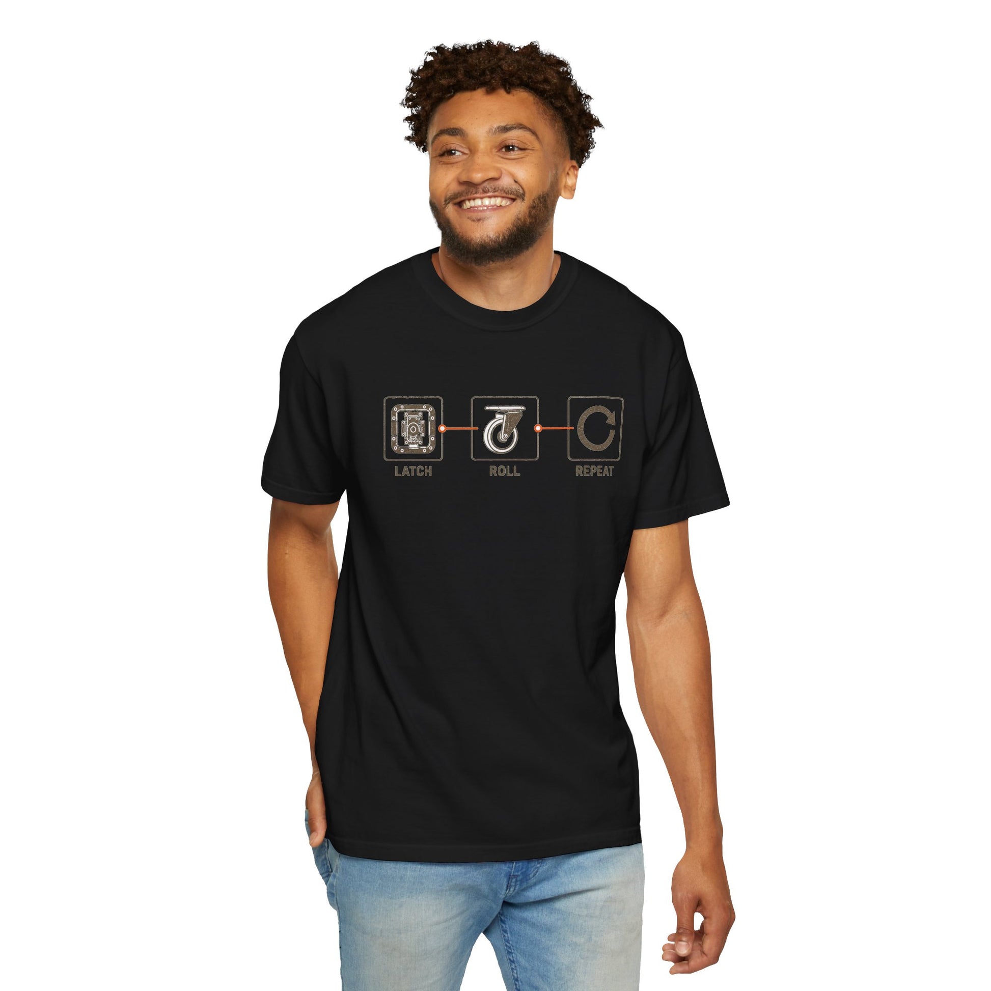Model wearing the black Latch Roll Repeat stagehand T-shirt from the front.