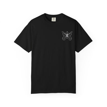 Front of a black Rock N Roll Backline T-shirt with crossed electric guitars on the left chest.