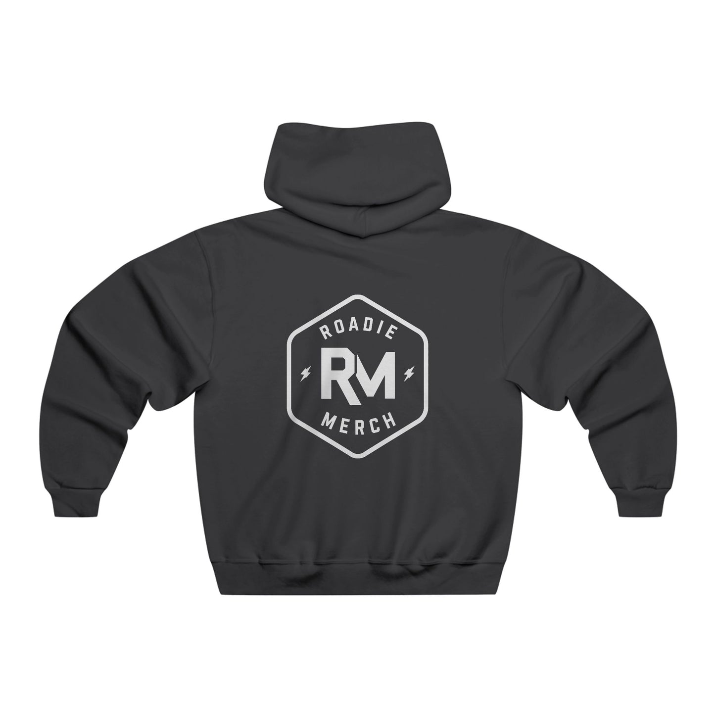 Back of a black Roadie Merch hoodie with a large white hexagonal RM logo.