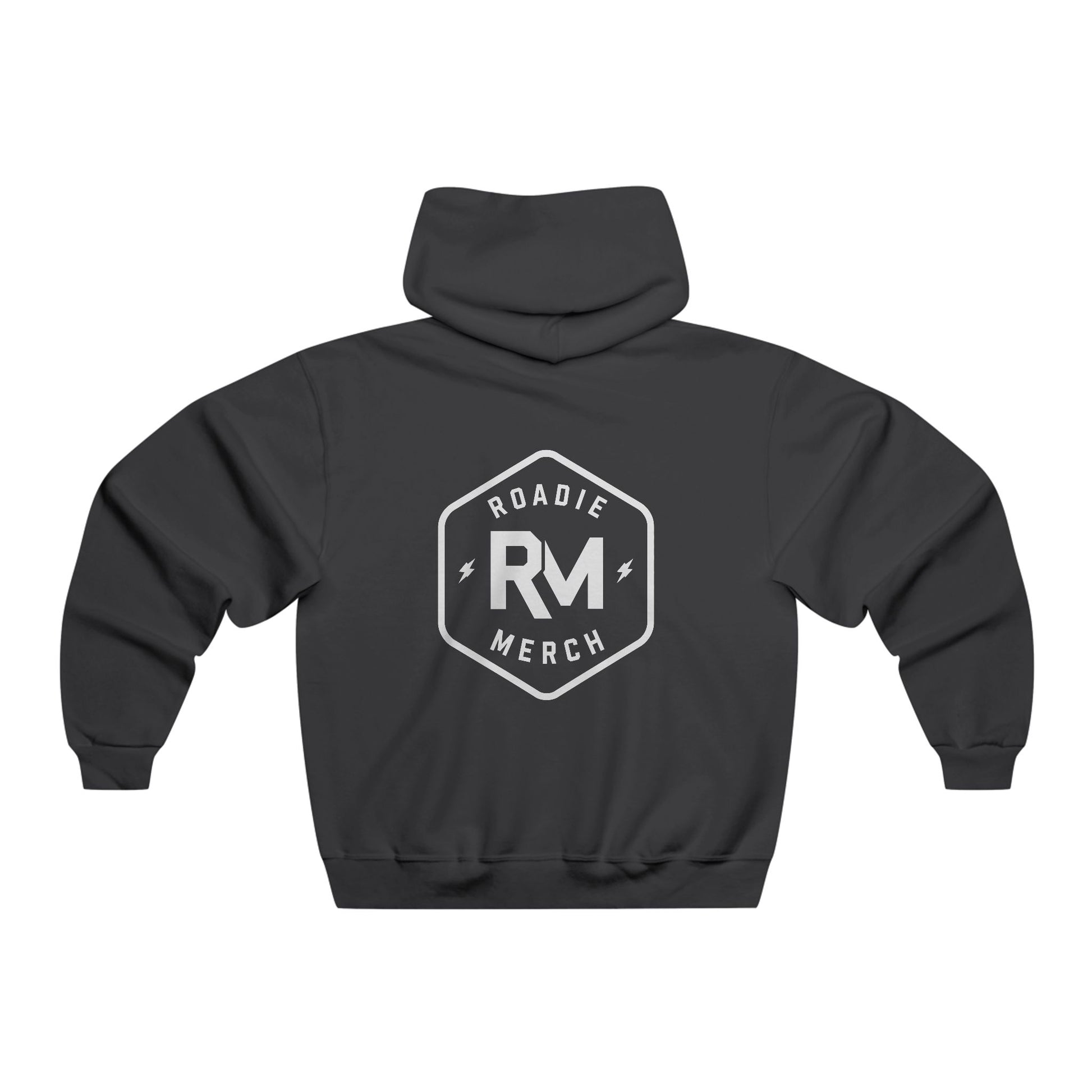 Back of a black Roadie Merch hoodie with a large white hexagonal RM logo.