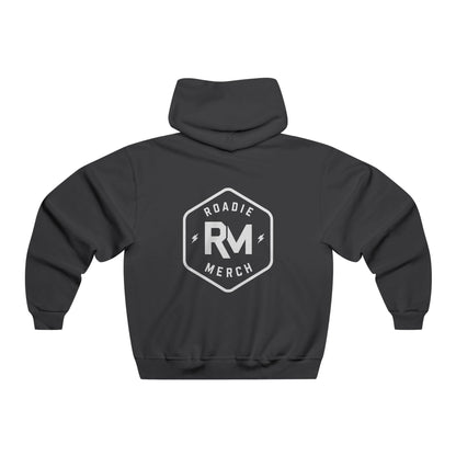 Back of a black Roadie Merch hoodie with a large white hexagonal RM logo.