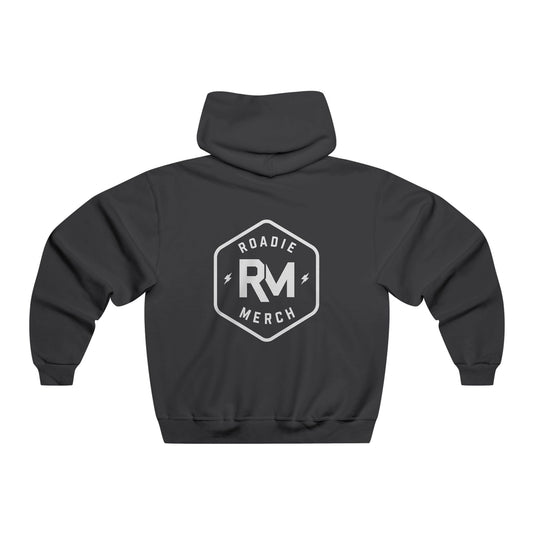 Back of a black Roadie Merch hoodie with a large white hexagonal RM logo.