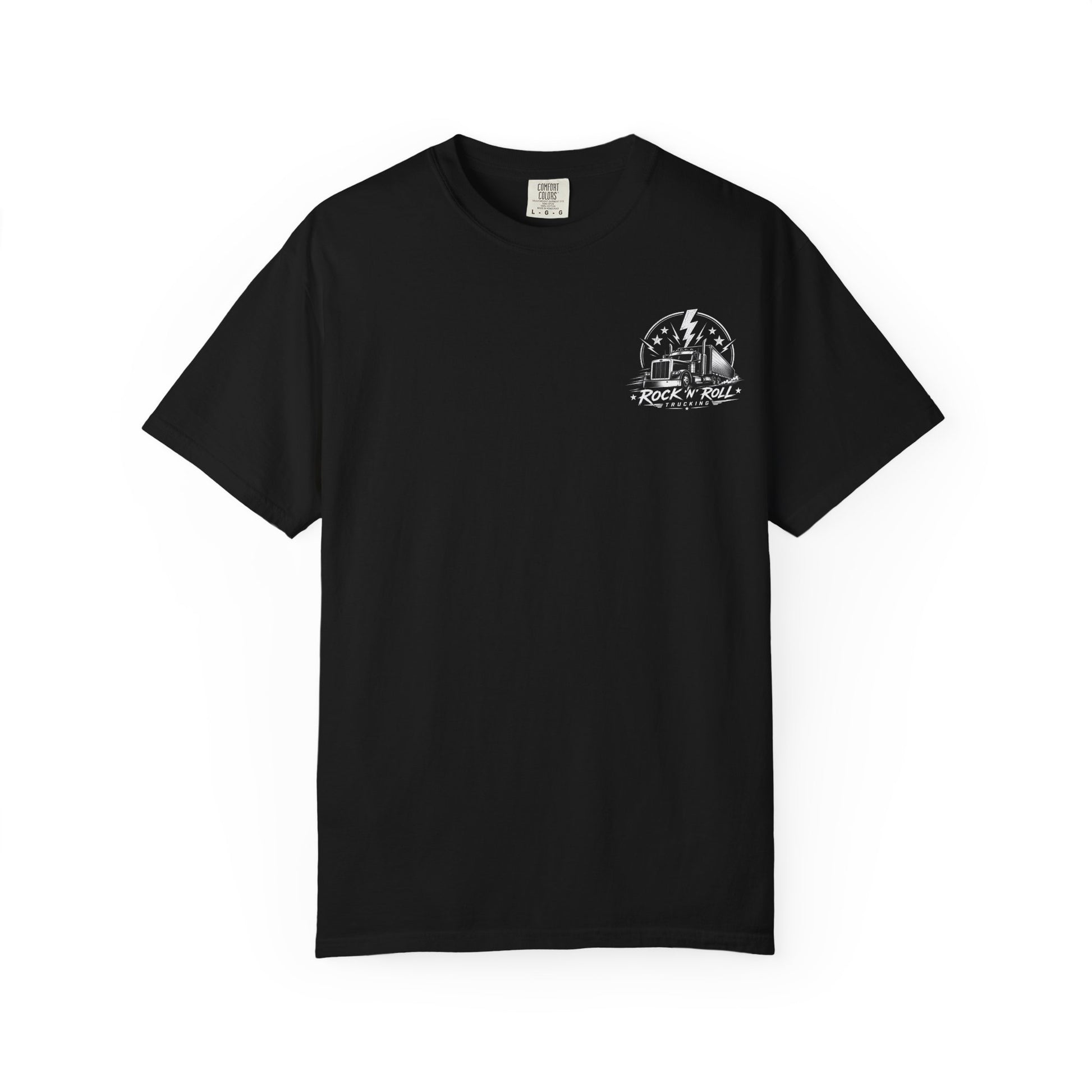 Front of a black Rock N Roll Trucking T-shirt with a small white semi-truck graphic on the left chest.