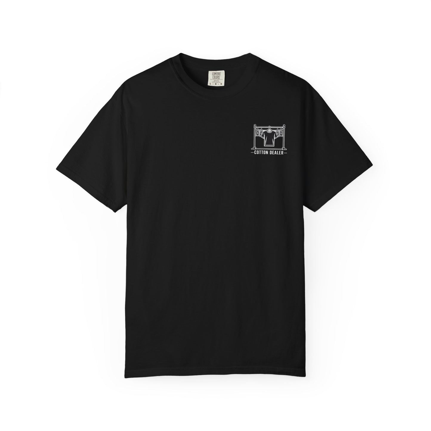 Front of a black Cotton Dealer T-shirt with a white garment rack and hanging shirt graphic on the left chest.