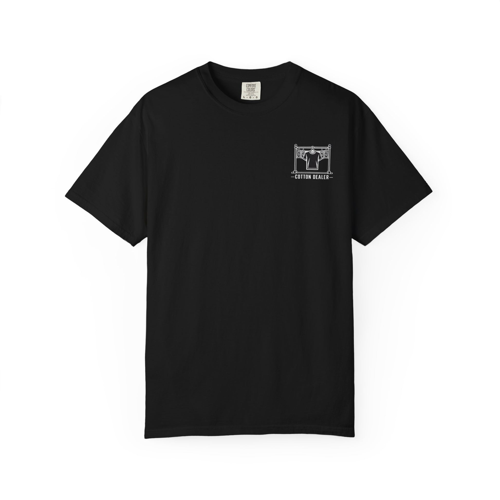 Front of a black Cotton Dealer T-shirt with a white garment rack and hanging shirt graphic on the left chest.