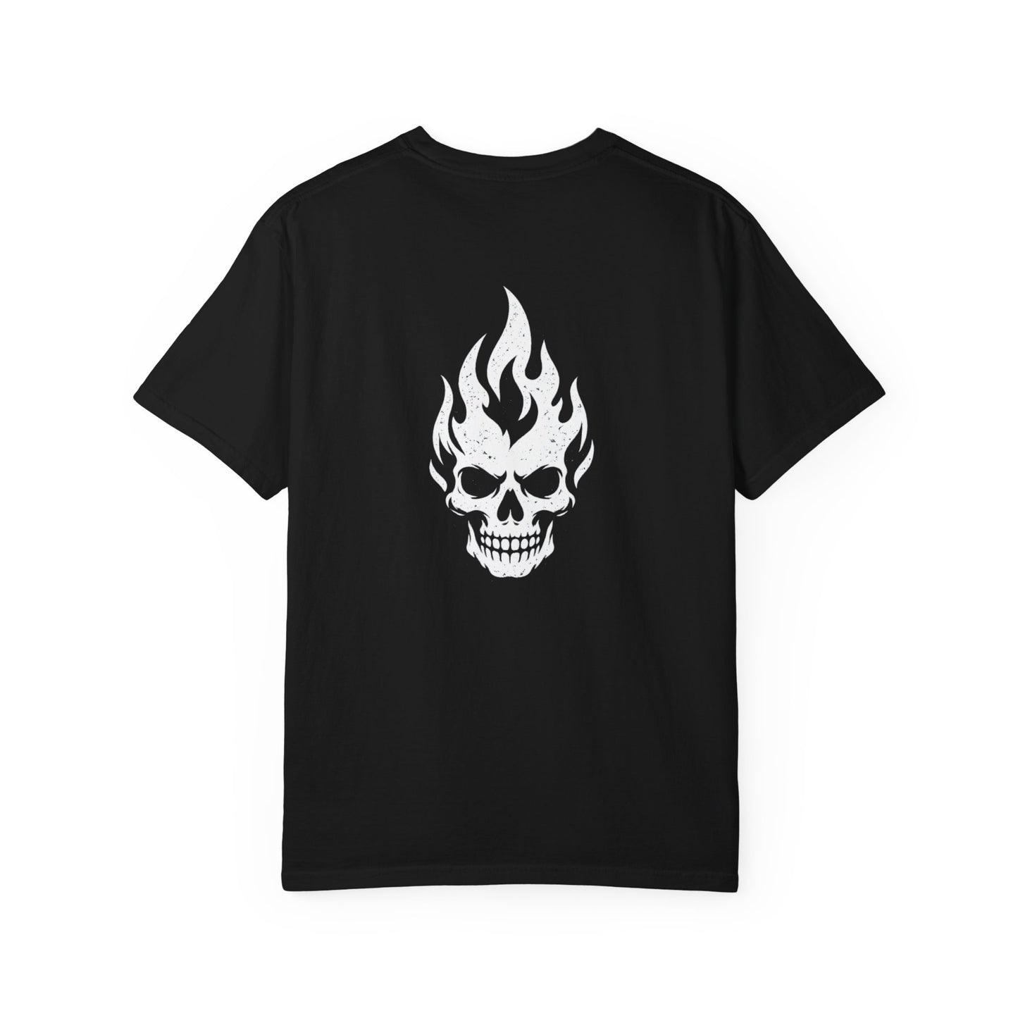 Back of a black Pyro Skull T-shirt with a large white flaming skull graphic.