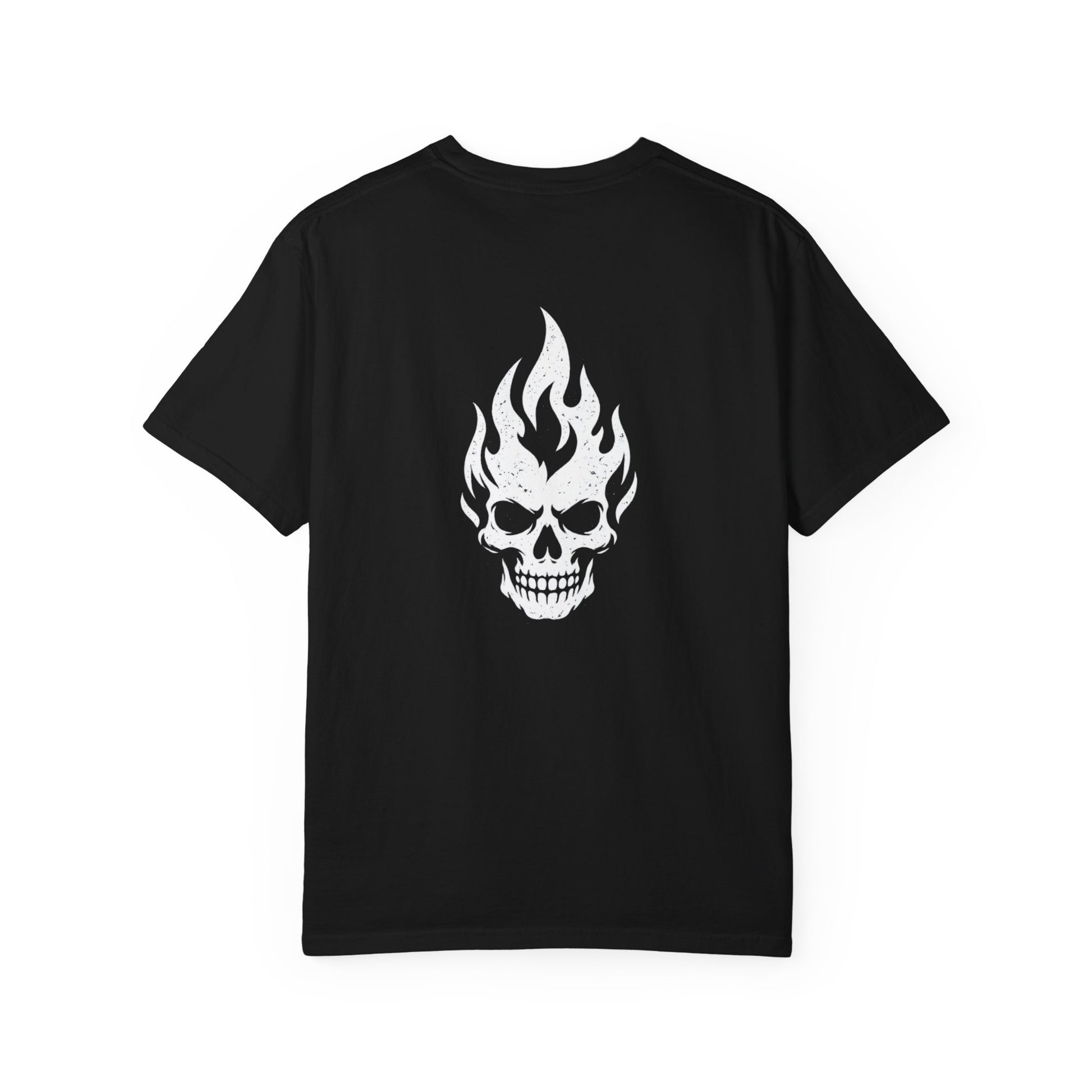 Back of a black Pyro Skull T-shirt with a large white flaming skull graphic.