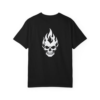 Back of a black Pyro Skull T-shirt with a large white flaming skull graphic.