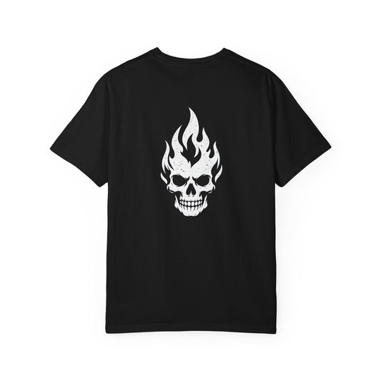 Back of a black Pyro Skull T-shirt with a large white flaming skull graphic.