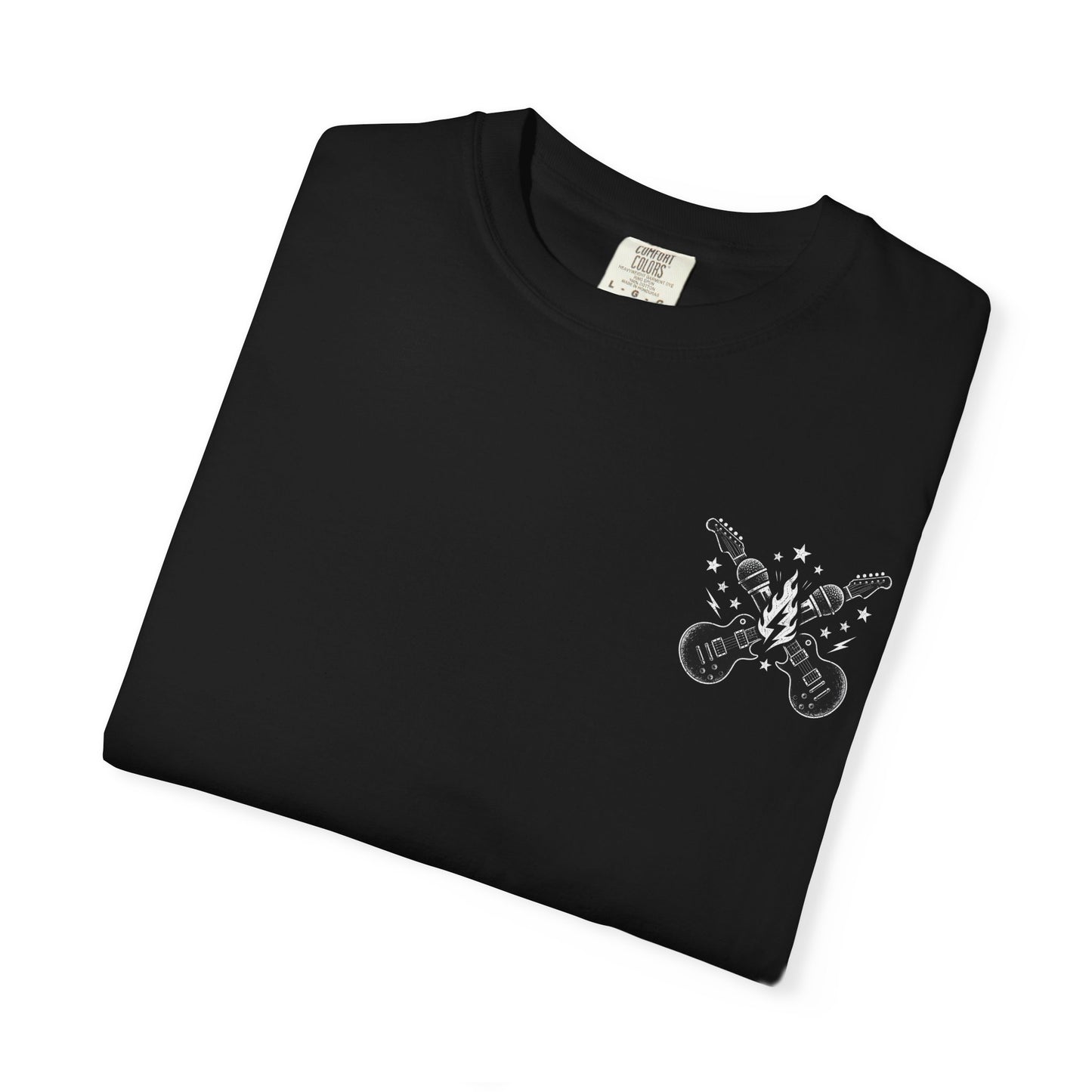 Folded black Rock N Roll Backline T-shirt showing the guitars, lightning and stars graphic.