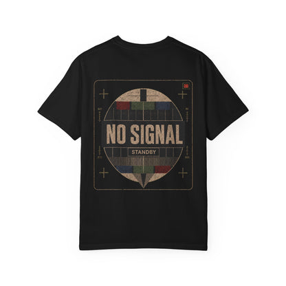Back of a black No Signal T-shirt with a distressed broadcast test-pattern graphic.