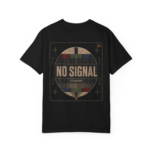 Back of a black No Signal T-shirt with a distressed broadcast test-pattern graphic.