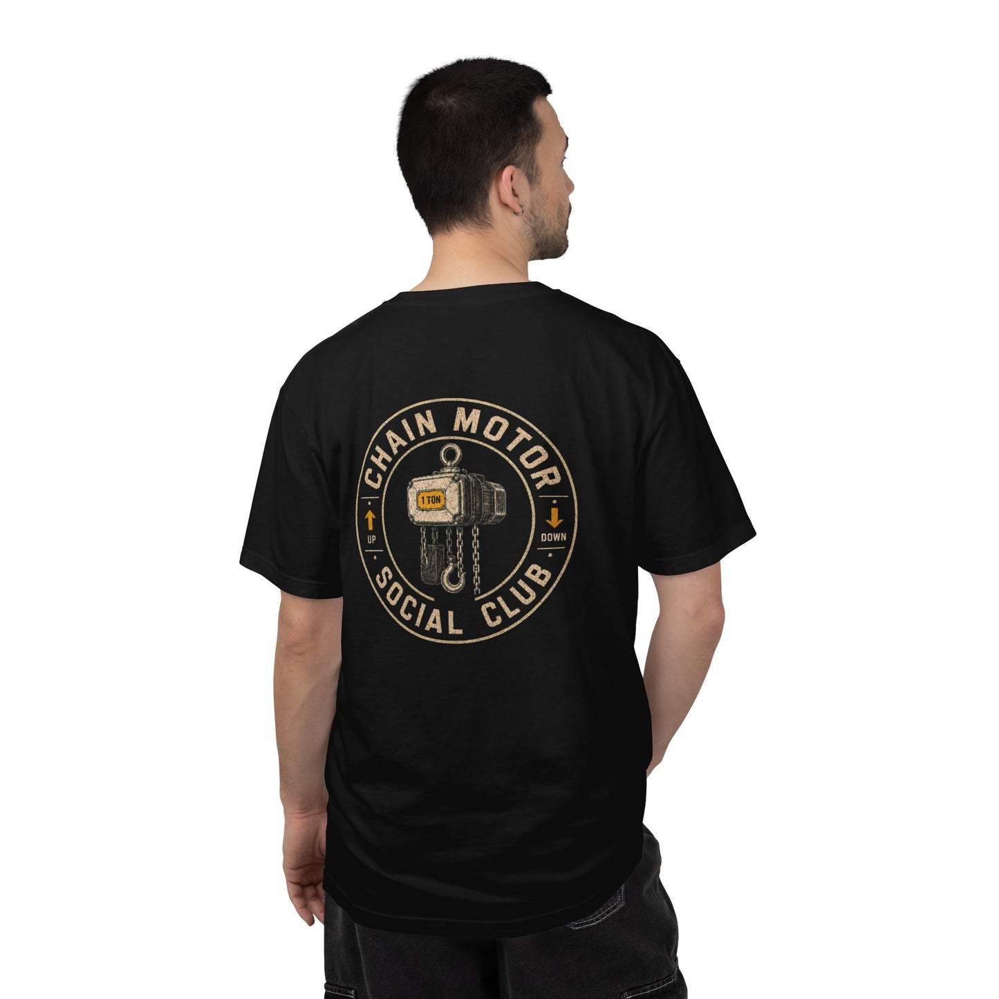 Model wearing the black Chain Motor Social Club rigging T-shirt from the back.