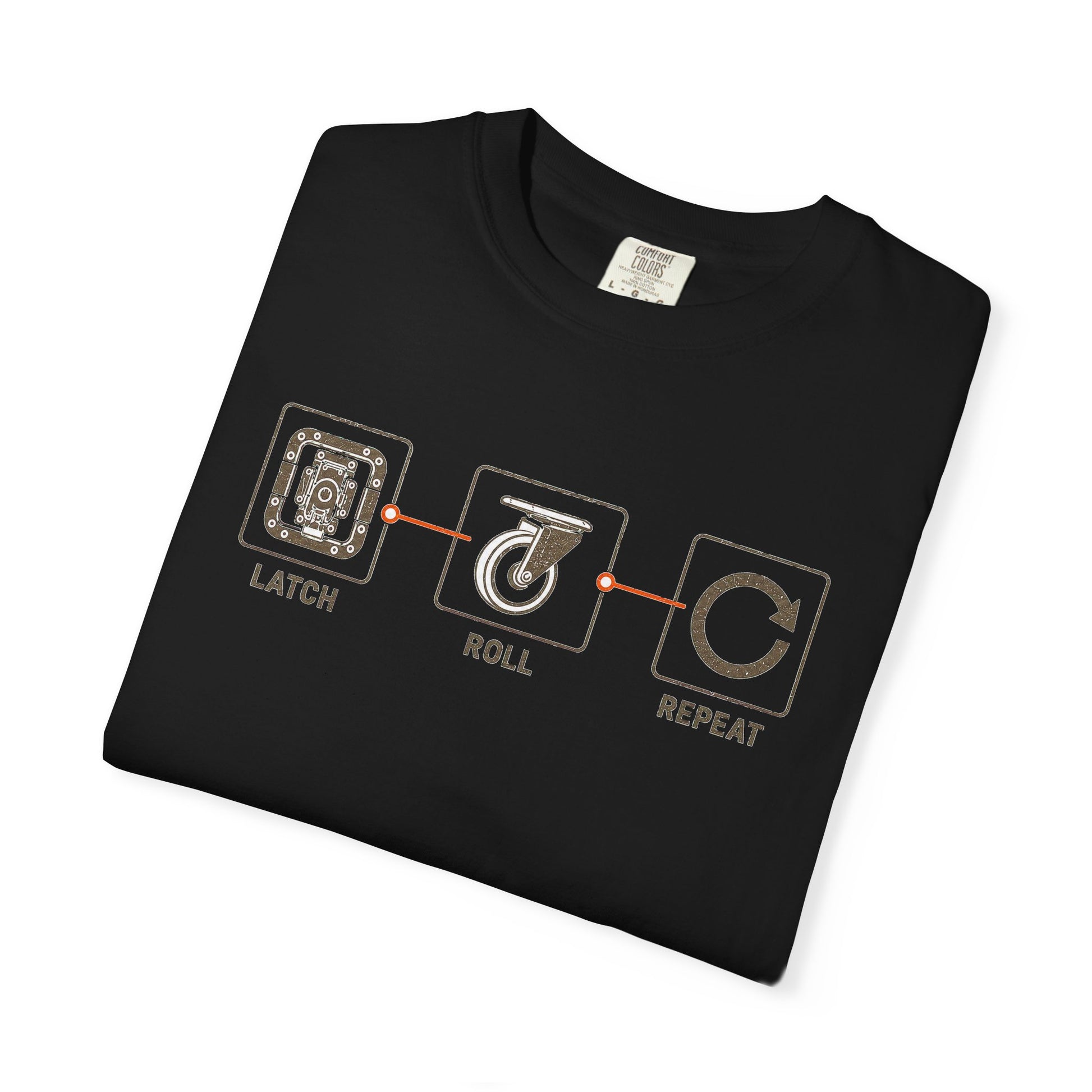 Folded black Latch Roll Repeat T-shirt showing the road-case hardware graphic.