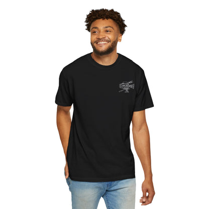 Model wearing the black Cam Club camera crew T-shirt from the front.