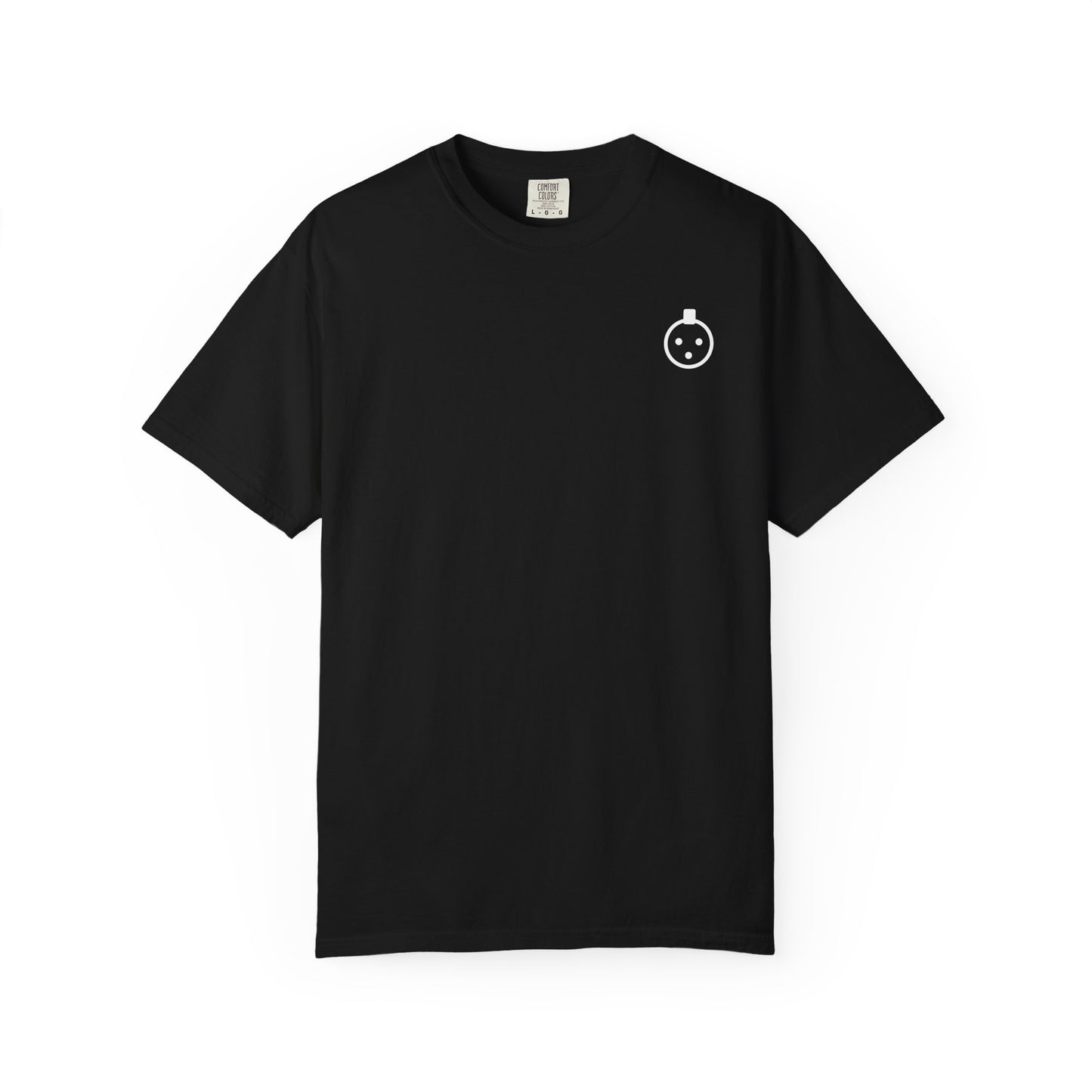 White XLR connector icon on a black Comfort Colors 1717 heavyweight T-shirt.