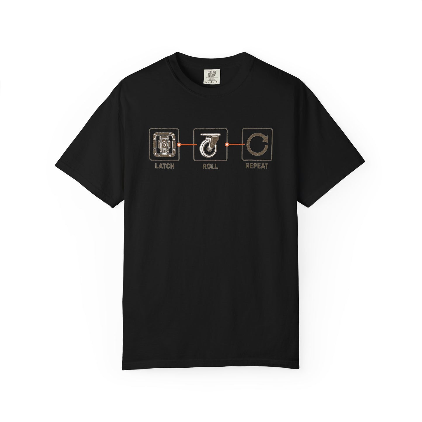 Front of a black Latch Roll Repeat T-shirt with road-case latch and caster graphics.