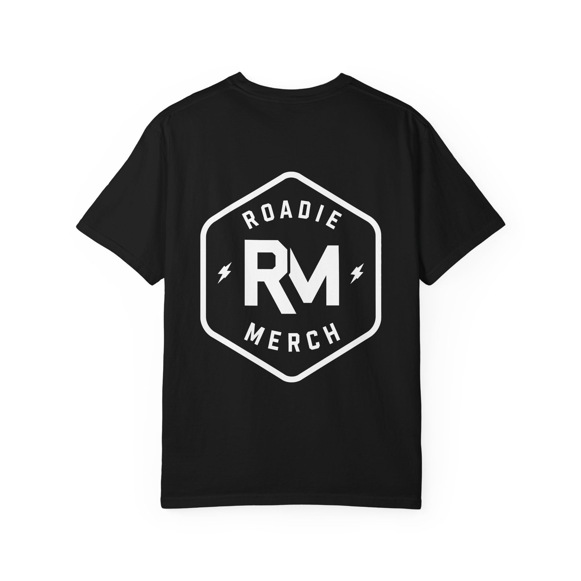 Back of a black Roadie Merch T-shirt with a large white hexagonal RM logo.