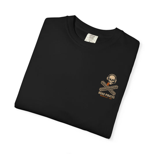 Folded black Road Pirates T-shirt showing the Nashville 615 skull-and-truss chest graphic.