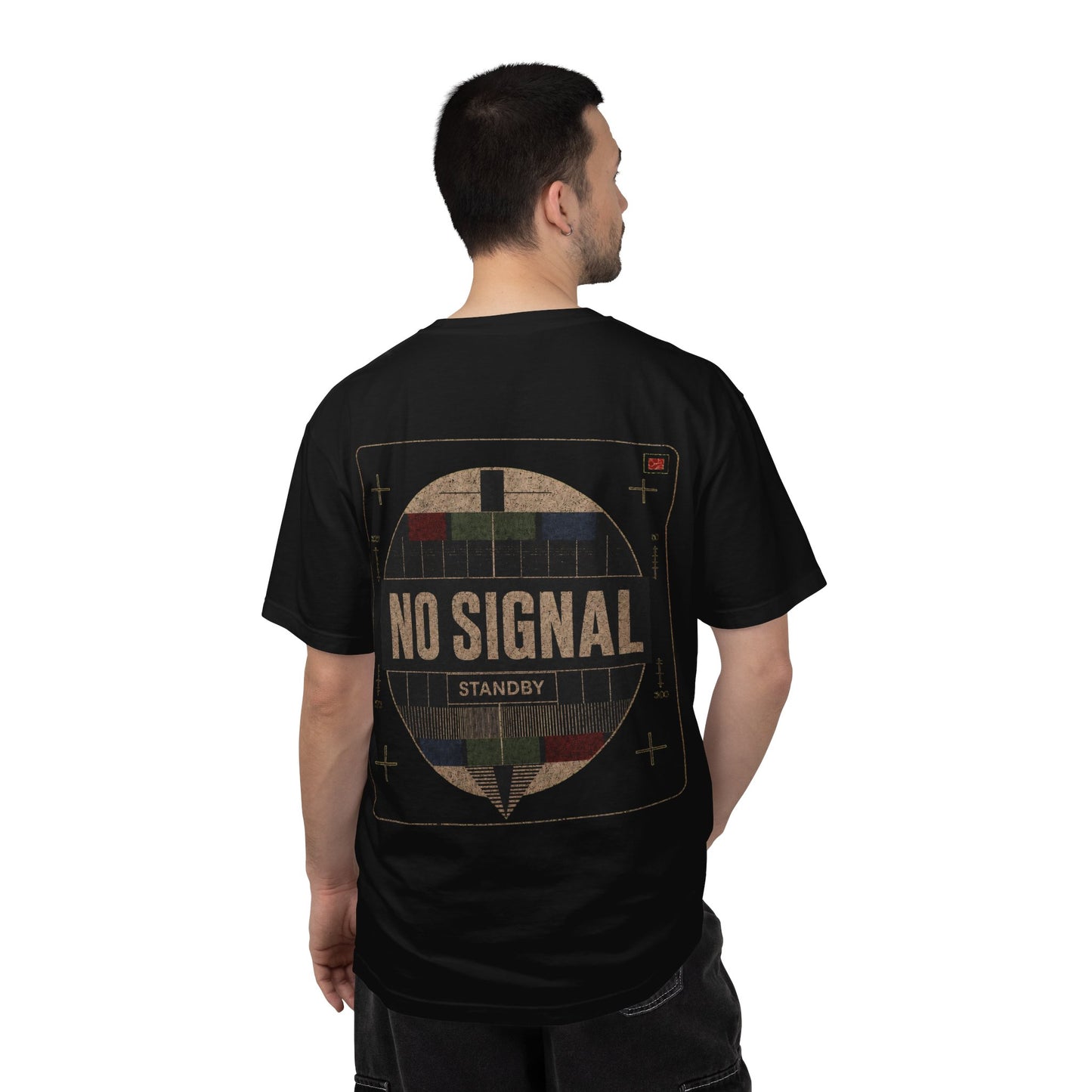 Model wearing the black No Signal video crew T-shirt from the back.