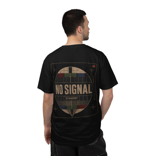 Model wearing the black No Signal video crew T-shirt from the back.
