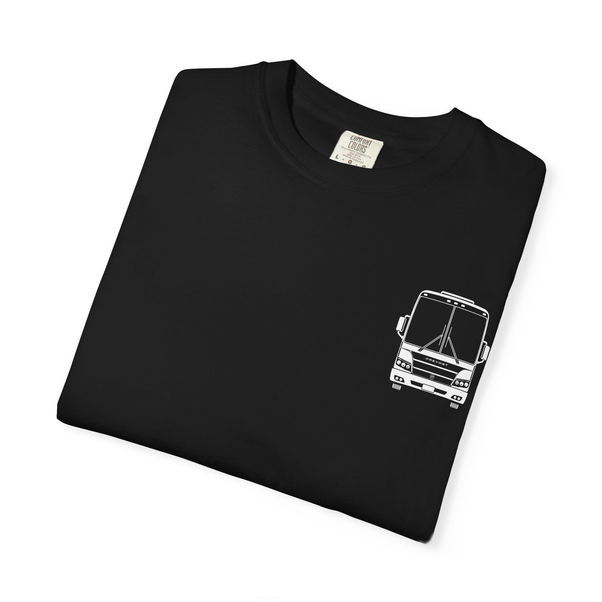 Folded black Bus Call T-shirt showing the detailed white tour bus chest graphic.