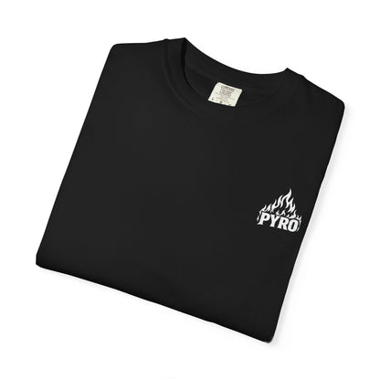 Folded black Pyro Skull T-shirt showing the white PYRO flame chest mark.
