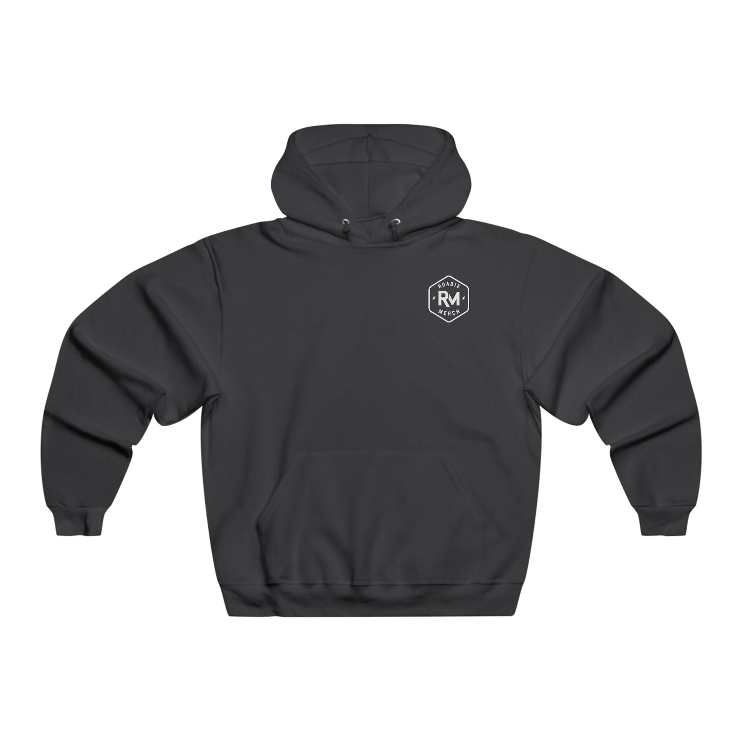 Front of a black Roadie Merch hoodie with a small white RM badge on the left chest.