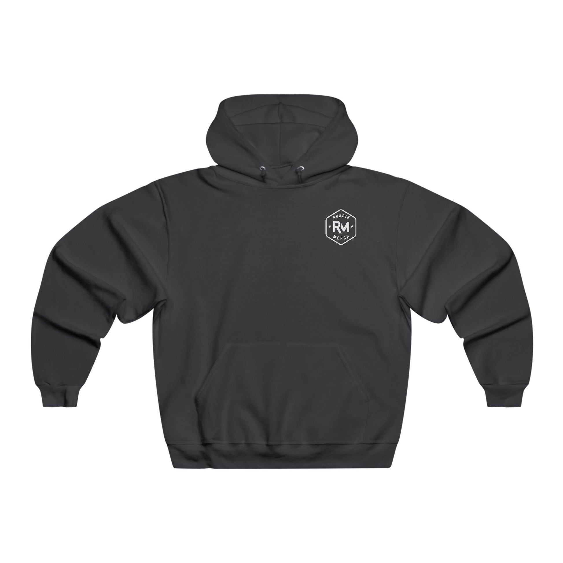 Front of a black Roadie Merch hoodie with a small white RM badge on the left chest.