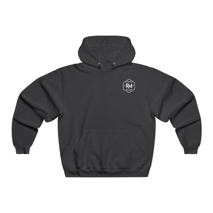 Front of a black Roadie Merch hoodie with a small white RM badge on the left chest.