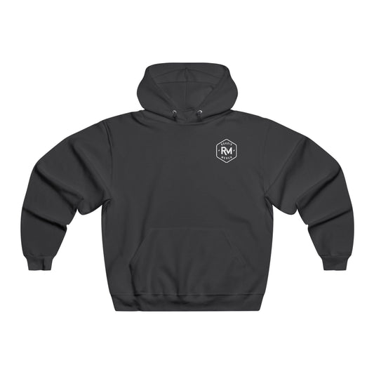 Front of a black Roadie Merch hoodie with a small white RM badge on the left chest.