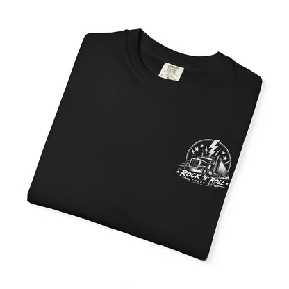 Folded black Rock N Roll Trucking T-shirt showing the semi-truck and lightning chest graphic.