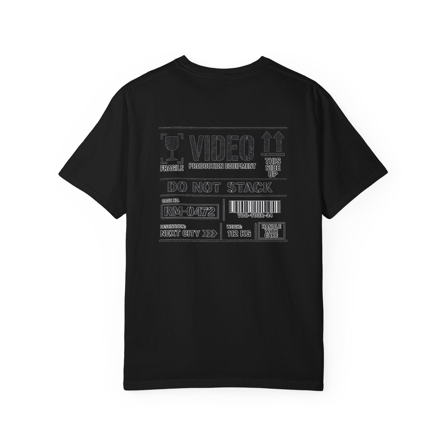 Back of a black Video Case T-shirt with a large touring production equipment label graphic.