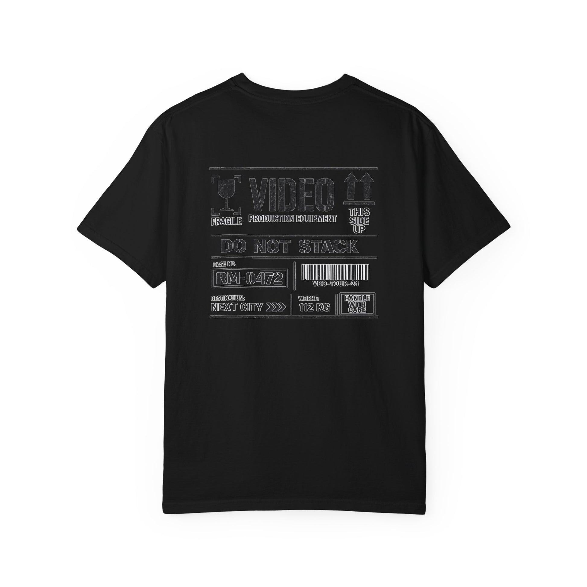 Back of a black Video Case T-shirt with a large touring production equipment label graphic.