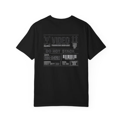 Back of a black Video Case T-shirt with a large touring production equipment label graphic.