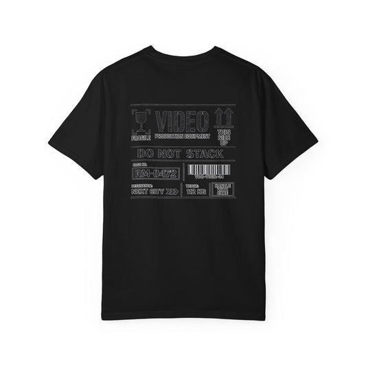 Back of a black Video Case T-shirt with a large touring production equipment label graphic.