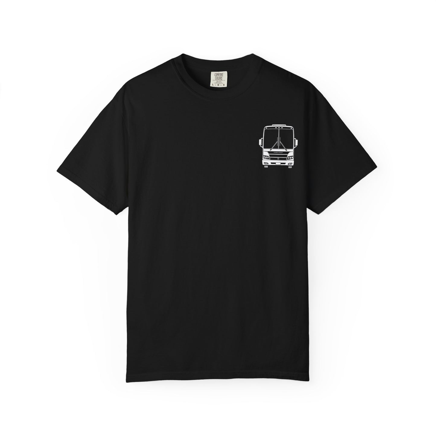 Front of a black Bus Call T-shirt with a white tour bus illustration on the left chest.
